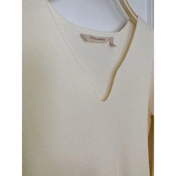 Soft Surroundings Sweater Cream Ribbed Knit Balloon Sleeve Notch Neck / Size S - Picture 5 of 11
